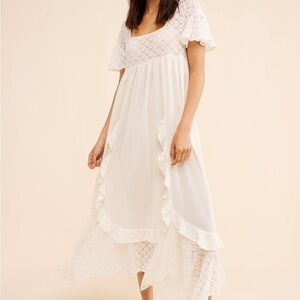Free People Dress Free-est Bring the Romance Cream Lace & Ruffle Midi Dress